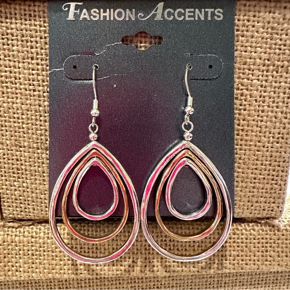 NWT Fashion Accents Earrings fish hook dangle w/ triple teardrop- silver & gold - Picture 2 of 7